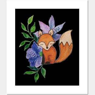 Little Fox and Floral Pattern in Gouache Posters and Art
